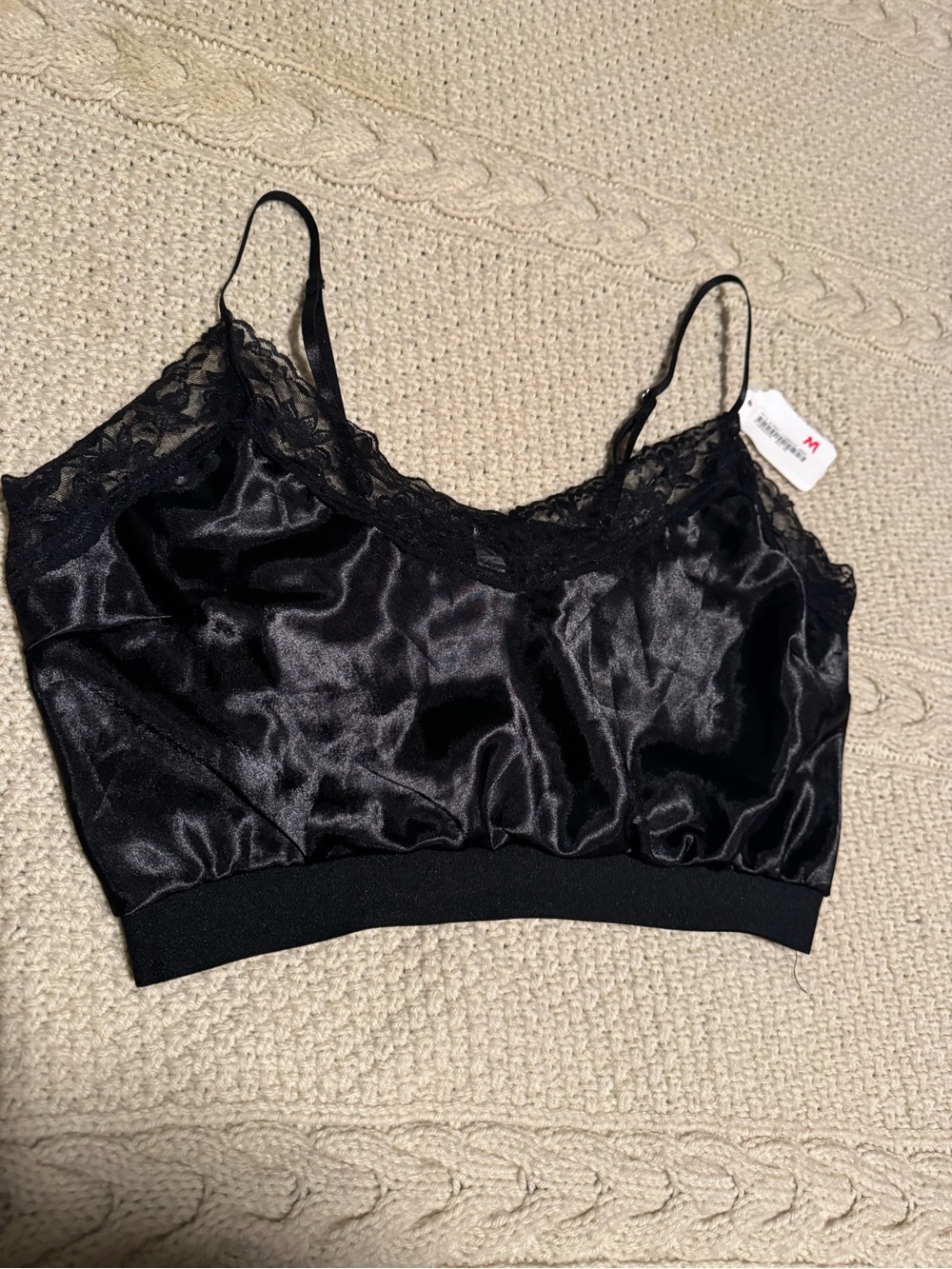 Black Satin Lace-Trim Crop Cami Bralette